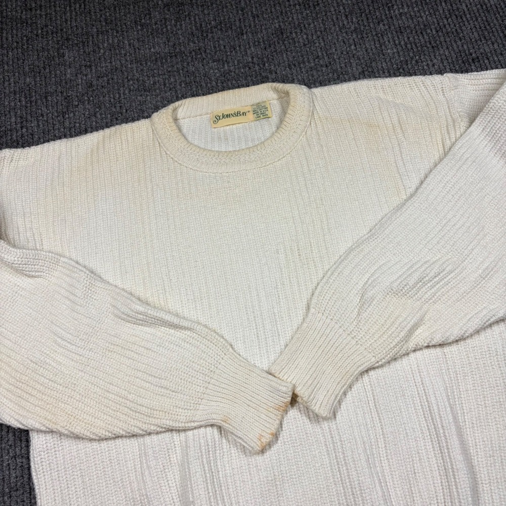 St Johns Bay Sweater Mens L Tall LT White Cotton Ribbed Knit Crewneck USA Made